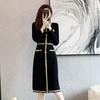 Elegant French Chic Knit Midi Dress Women Long Sleeve High Waist A-Line With Contrast Lurex Trim