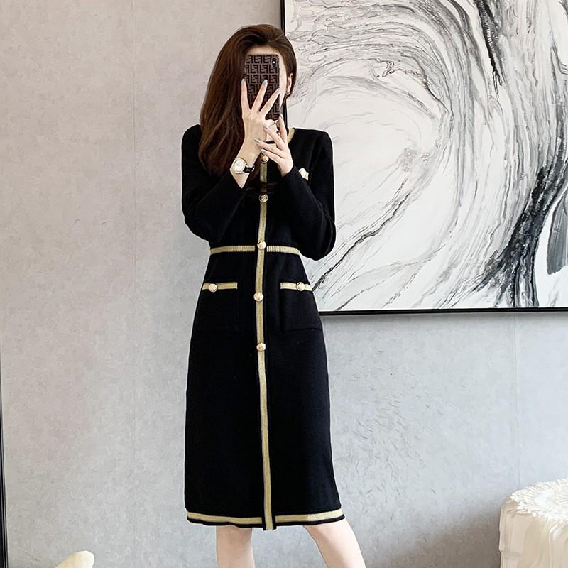 Elegant French Chic Knit Midi Dress Women Long Sleeve High Waist A-Line With Contrast Lurex Trim