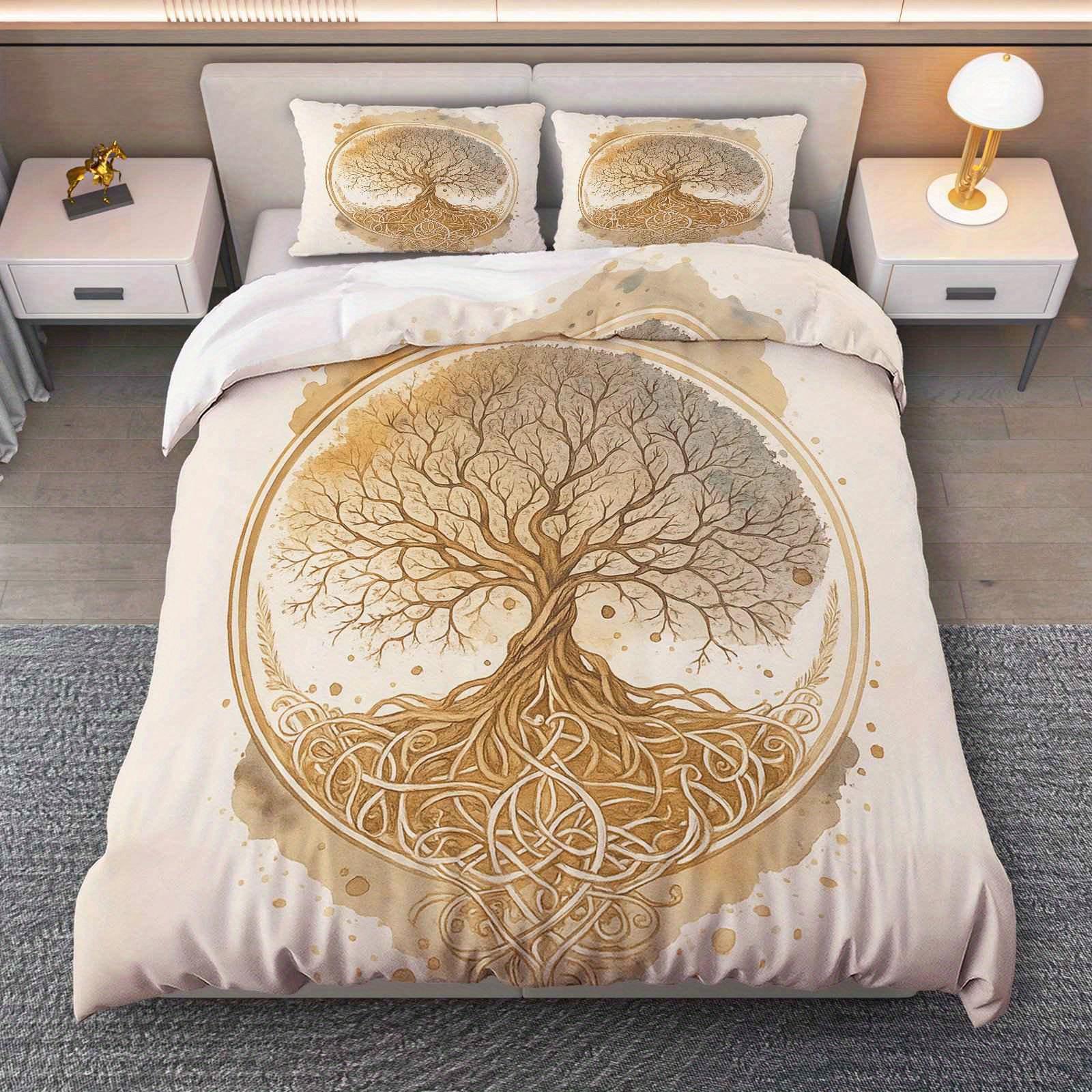 

3Pcs Tree Of Life Duvet Cover Set, Natural Art Theme Bedding With Pillowcases, Artistic Design For Bedroom Living Room Study EU Twin(135x200cm)