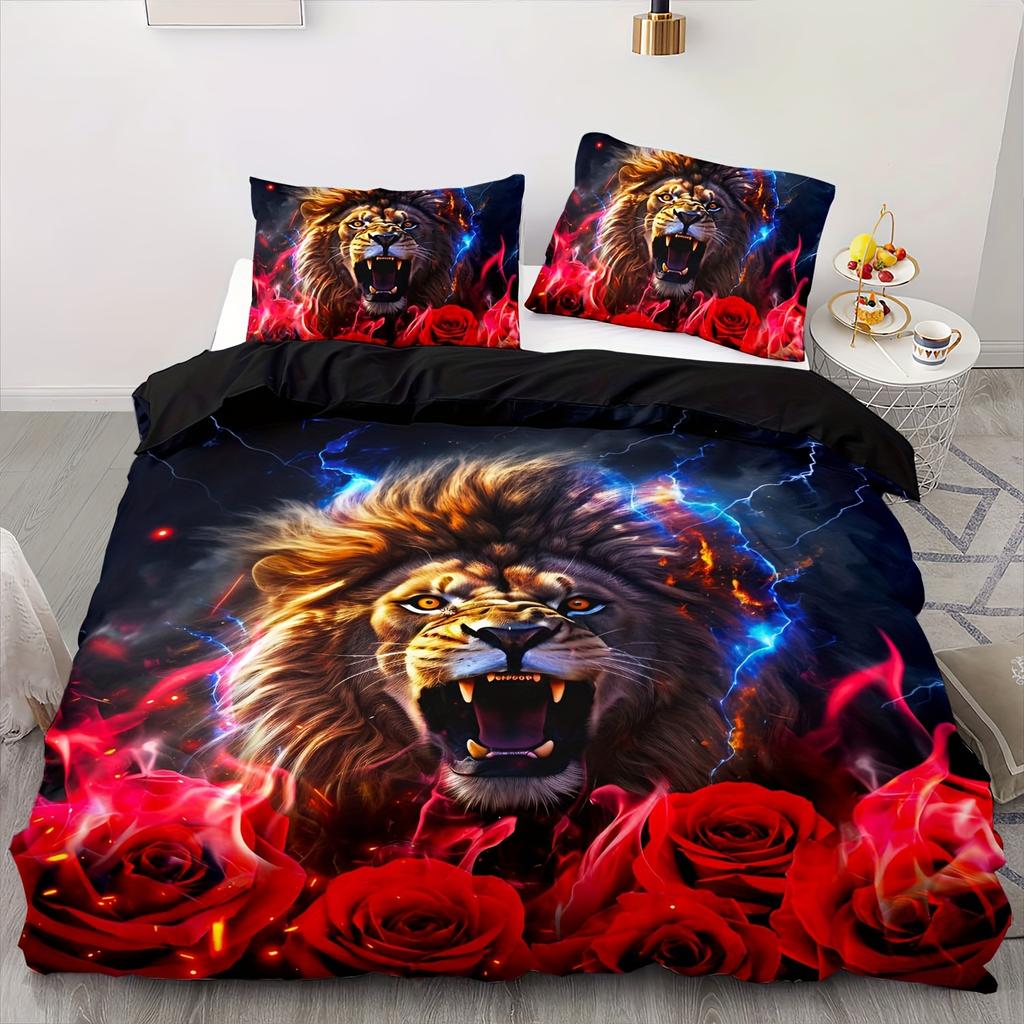 Blue & Red Rose Lion Bedding Set,2/3pcs Duvet Cover Set, Duvet 3d Animal Print Cover, Animal Bedding Set