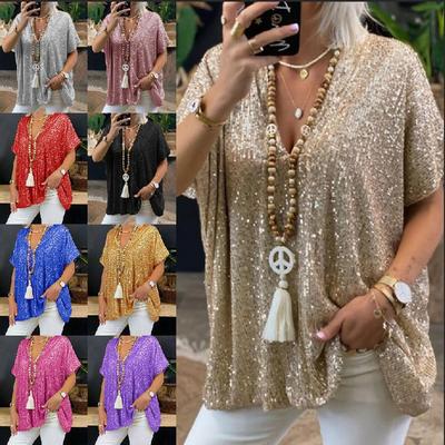 2024 Summer Sequin V-Neck Casual Loose Fit Short Sleeve Women's Top