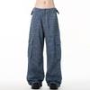 Jeans Cargo Rayés High Street Style Américain Automne Homme Vintage Taille Haute Ample Droit Poches Décontracté Pantalon Jambe Large