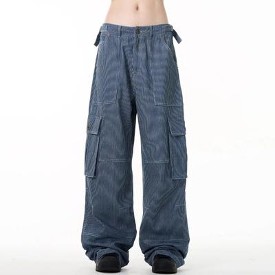 American Style High Street Gestreifte Cargo Jeans Herbst Herren Vintage Hohe Taille Locker Gerade Taschen Lässige Weitbeinige Hose