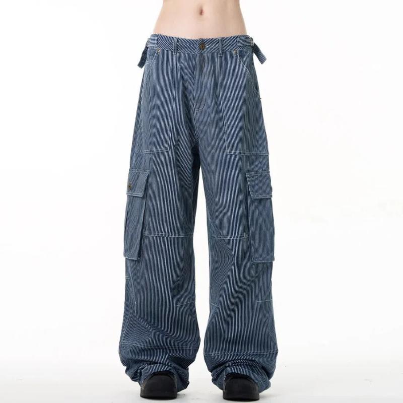 

Джинсы карго в полоску в стиле американского хай-стрит, осенние мужские винтажные с высокой посадкой, свободные прямые с карманами, повседневные широкие брюки S синий