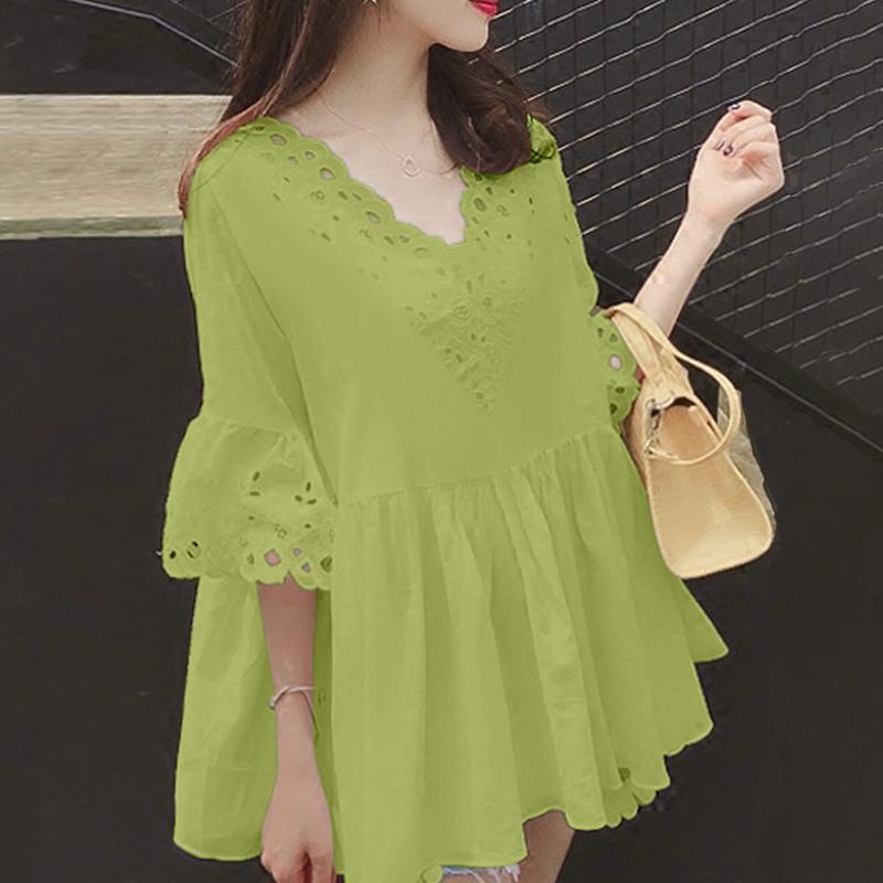 ZANZEA Women Lace Crochet V-Neck Loose Casual 3/4 Sleeve Blouse