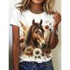 Summer Animal Horse Retro 3D Print T-Shirts Women Casual Short Sleeve T Shirt Streetwear Round Neck Tees Tops Female Clothing