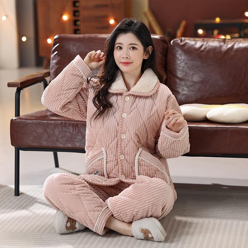Pajamas Women's Winter Three-layer Thickened Padded Jacket Coral Fleece Lapel Super Warm Can Be Worn Outside Loungewear