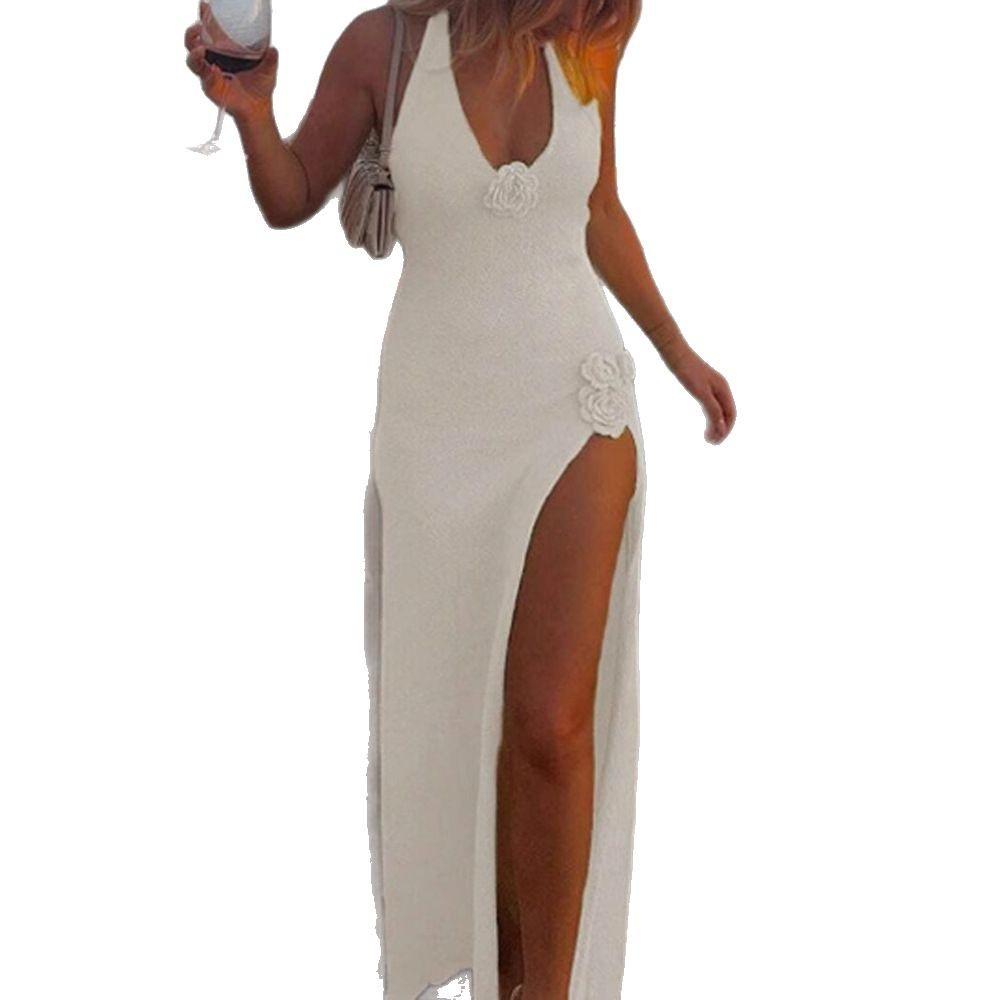 New, European and American Deep V-neck Halter Dress, Sexy High-split Suspender Knitted Dress