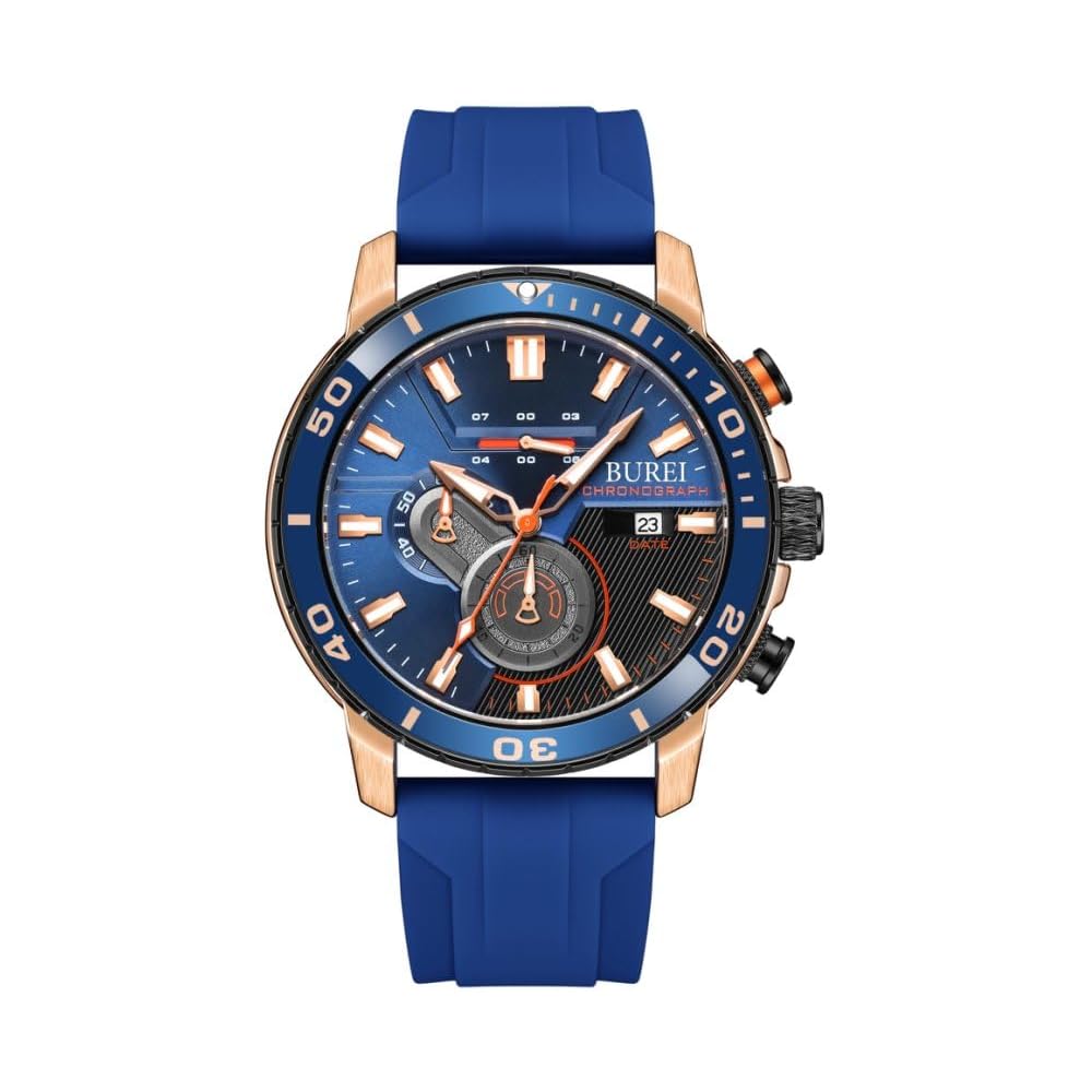 BUREI Men s Analog Chronograph Quartz Watch Blue Waterproof with Date and Urethane Strap