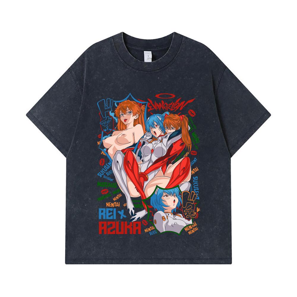 275 GSM Washed T-shirts 100% Cotton Evangelion V9 Asuka Rei Waifu Print Unisex Heavy Cotton T Shirt