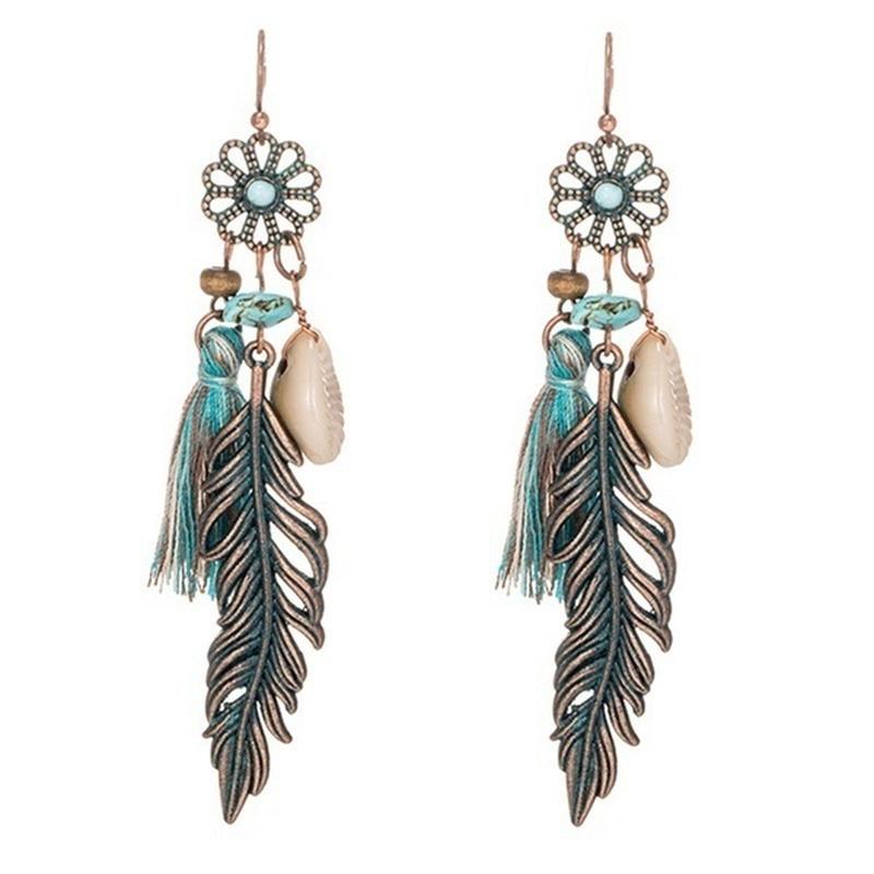 

1pair Exquisite Vintage Bohemian Ethnic Tassel Fringe Leaf Stones Earrings