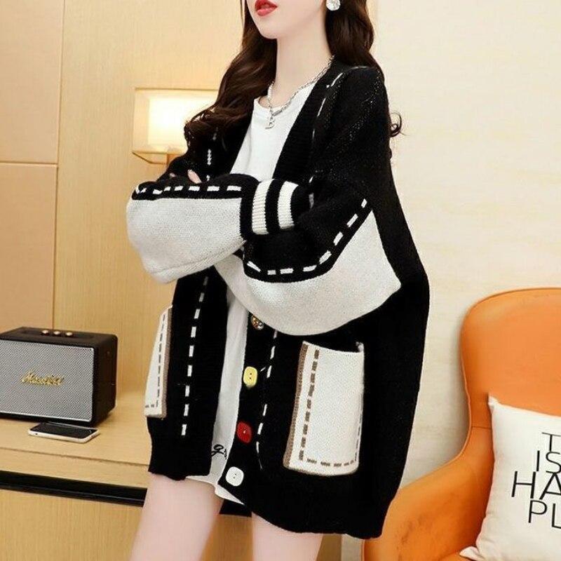 

Пуловер на осень и зиму, объемное вязаное пальто, свитер, женский дизайн, с круглым вырезом, корейский, свободный, зарубежная верхняя одежда, свитер, женский One Size чёрный