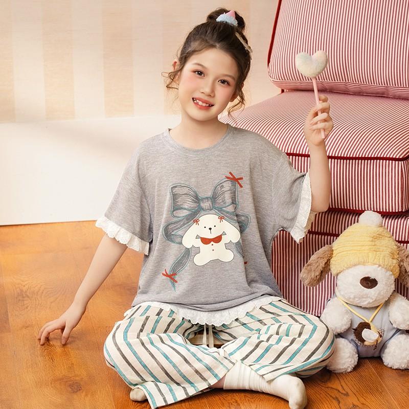 Cute Cartoon Family Matching Pajamas Set Girls Moms Soft Tencel Short Sleeve Long Pants Sleepwear