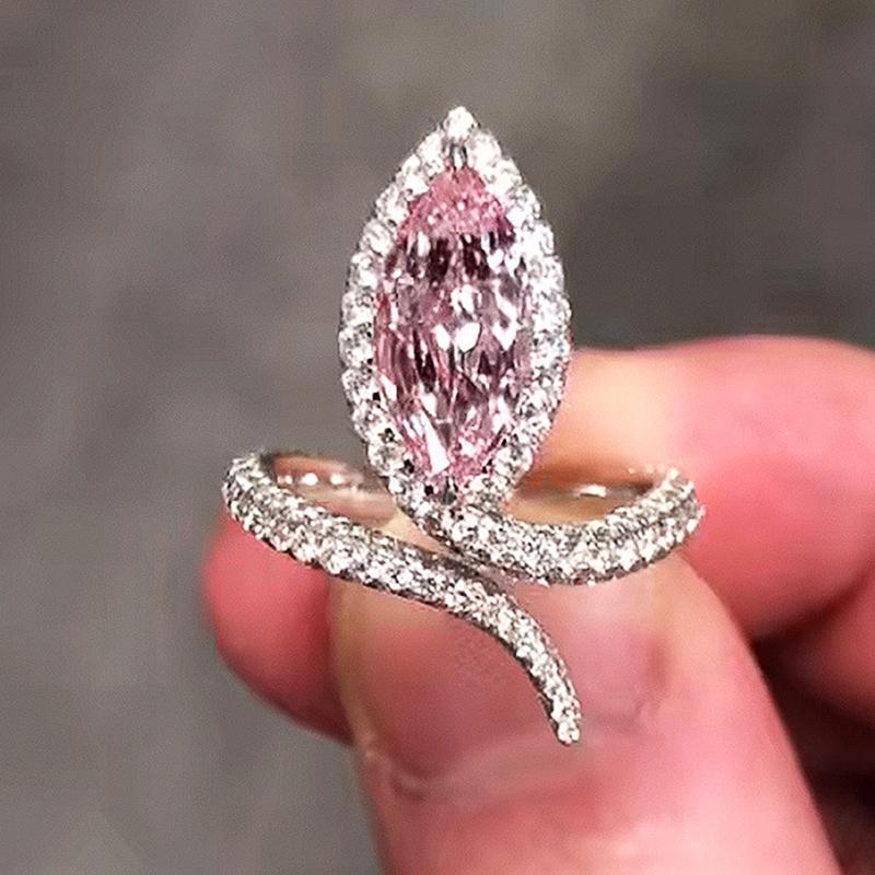 Huitan Marquise Pink Cubic Zirconia Resizable Rings For Women Luxury Trendy Wedding Band Accessories Party Statement Jewelry New