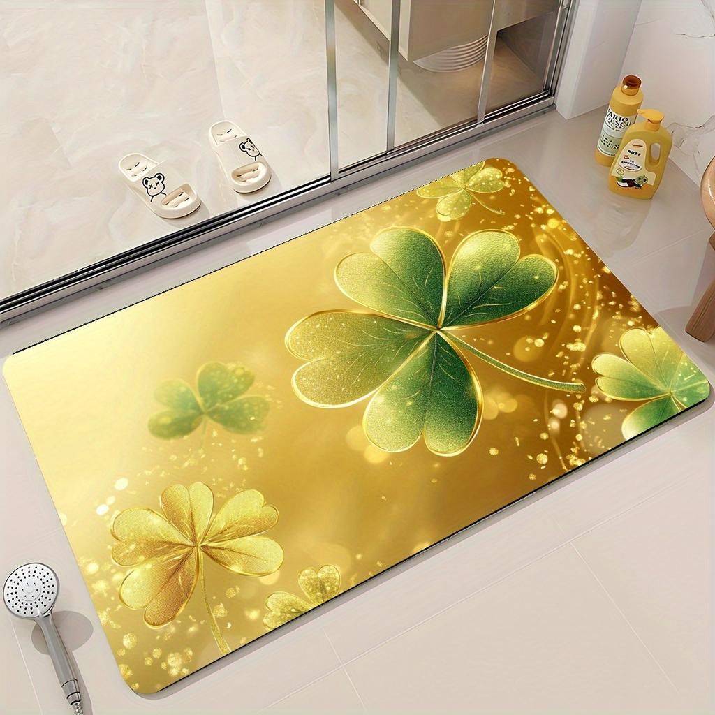 2D Flat Golden Four Leaf Clover Flannel Bath Mat Non Slip Soft Absorbent Shower Rug for Bathroom Toilet Floor Decor Lucky Charm
