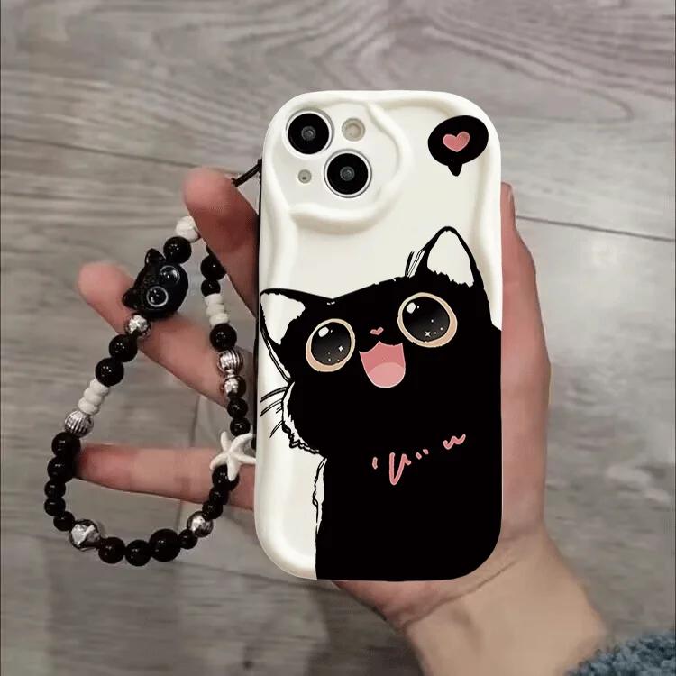 Coque de téléphone avec chaîne Chat Noir Pour Samsung Galaxy A56 A55 5G A15 A54 A16 A17 A07 A35 A26 A36 A06 A25 A34 S25 S24 Ultra S23 Plus FE