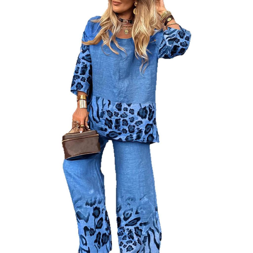 Set Retro Imprimat de Vară pentru Femei 2025: Top cu mânecă medie și pantaloni lungi cu talie înaltă