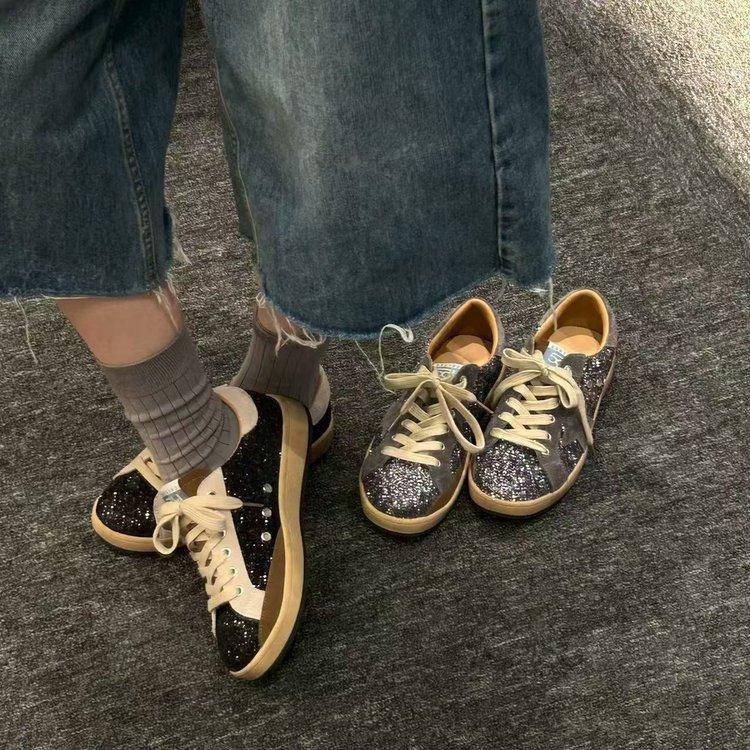 ins trendy dirty shoes 2025 new foreign style old casual glitter burst polish color low-top flat star shoes