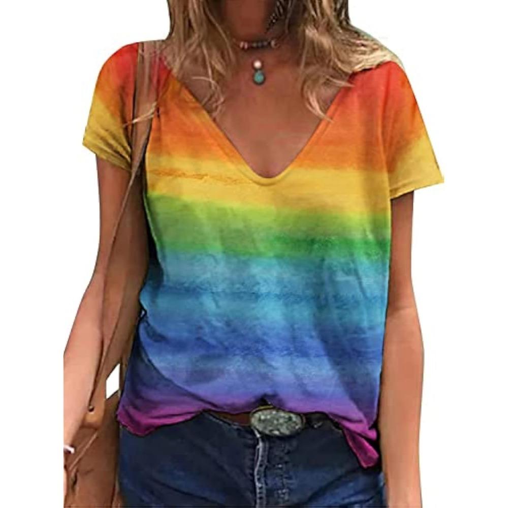 Camisetas Con Estampado 3D De Corazón De Arcoíris Para Mujer, Camiseta Informal De Manga Corta Con Cuello En V Y2k Harajuku LGBT Pride, Ropa Femenina