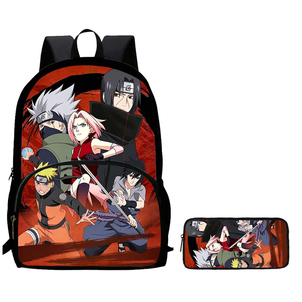 2Pcs Set NARUTO Anime Backpack With Front Pocket & Pencil Bag, School & Daily Use, Lightweight & Durable For Boys Girls Age 5-11
