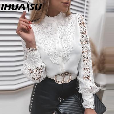 Frühling Sommer Mode Spitze Langarm V-Ausschnitt Knopfleiste Bluse für Damen