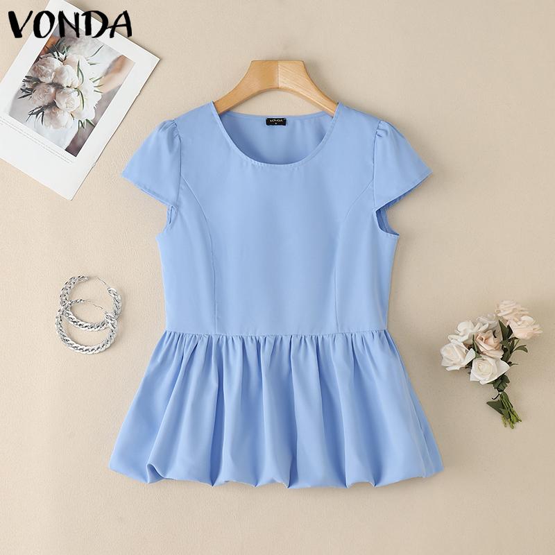 

VONDA Летняя женская блузка с коротким рукавом и круглым вырезом, однотонная, с оборками, повседневная 4XL синий