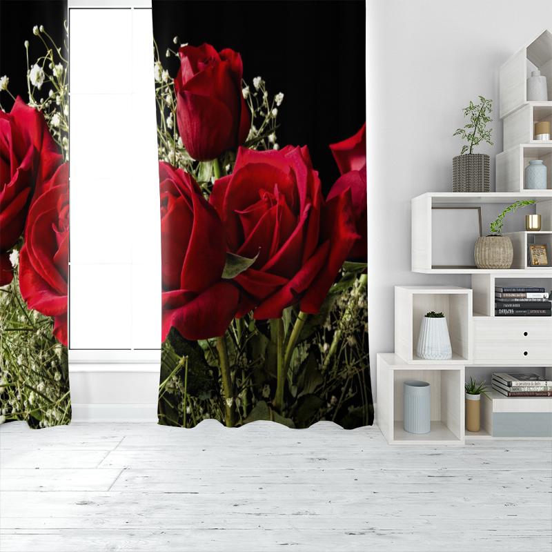 2 Stück - Schwarzer Grund rote Rose Polyester Vorhänge, Badezimmer, Schlafzimmer, Wohnzimmer und Familienzimmer dekorative Vorhänge