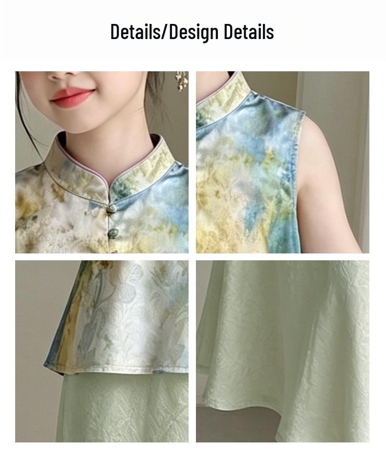 Girls' Summer 2026 Chinese Style Sleeveless Qipao Top and Mermaid Skirt Two-Piece Set
