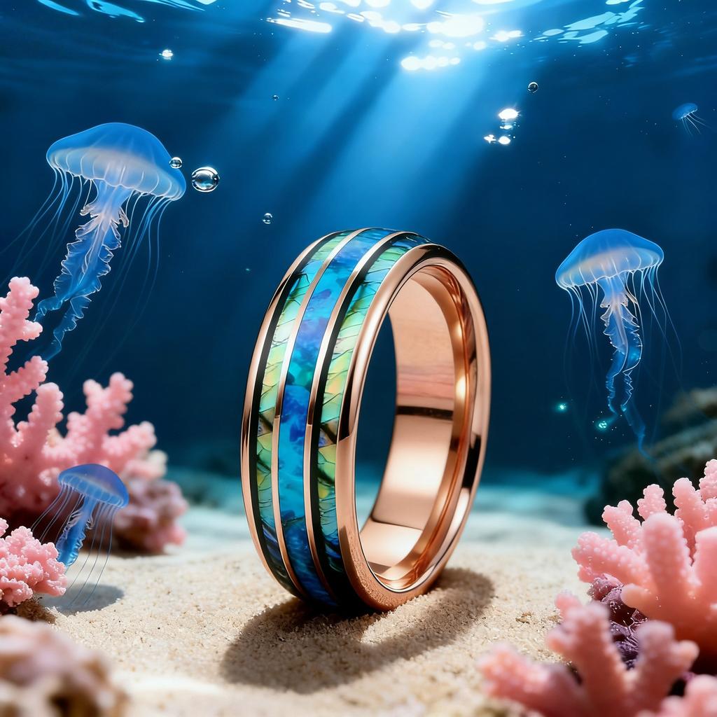 Men Rose Gold Color Stainless Steel Rings, Inlay Blue Opal Abalone Shell Rings For Men Women, Wedding Band Jewelry Gifts
