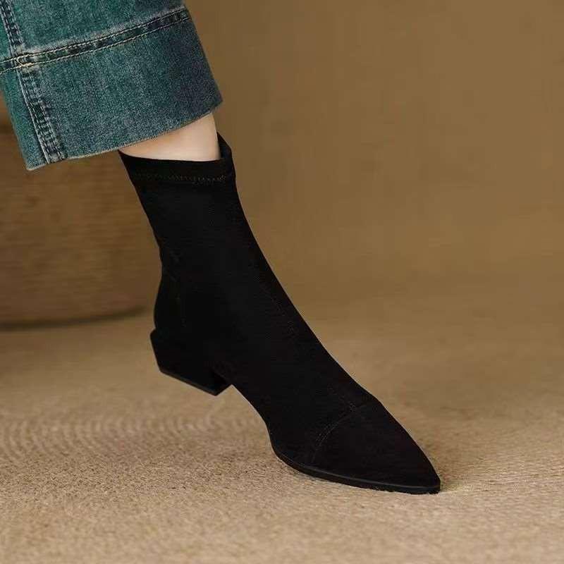 Womens Pointed Toe Chunky Heel Ankle Boots Stretch Fit Retro Style Comfortable Daily Wear