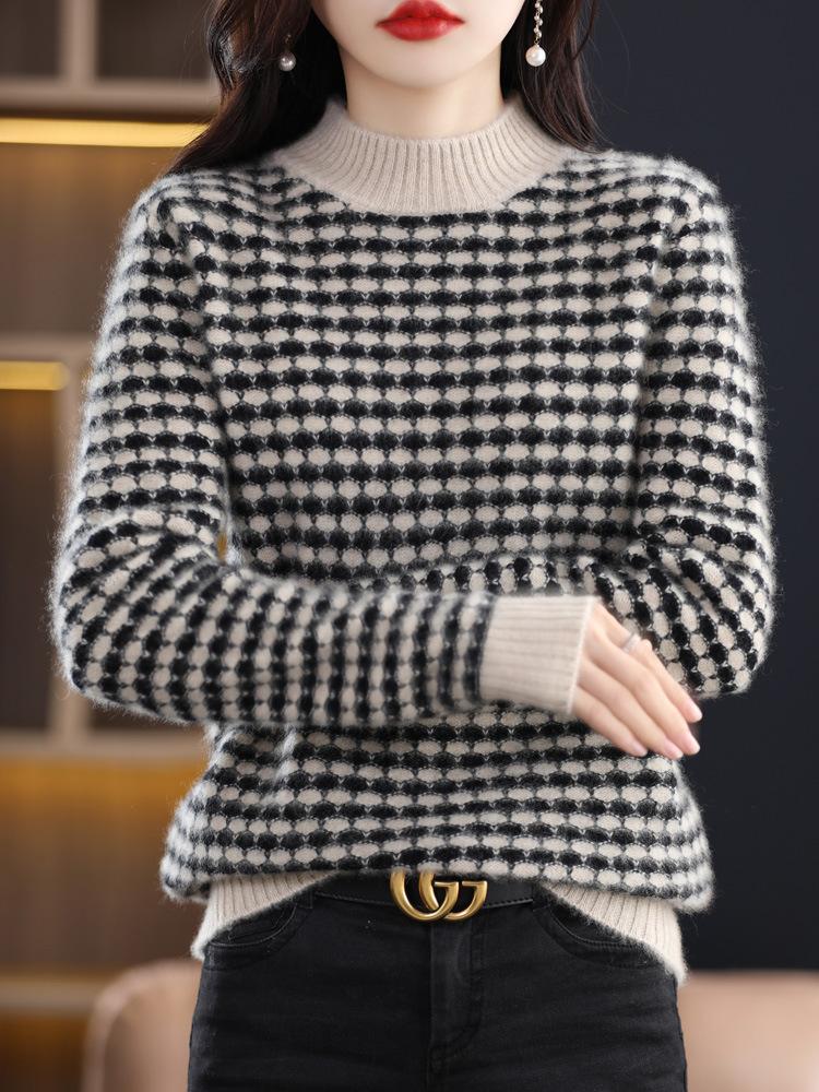 

Свитер с узором «гусиная лапка» и воротником-стойкой, повседневный свитер с длинными рукавами для осени и зимы, женская одежда XXL