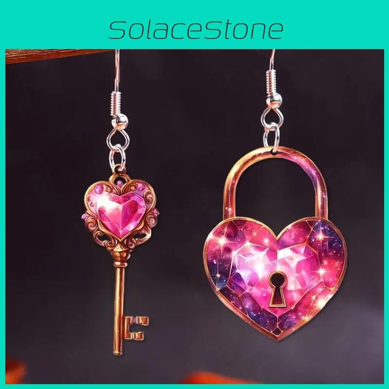 Sweet Heart Shaped Lock And Key Design Acrylic Women Pink Earrings Jewelry For Casual Fashion And Gift Giving