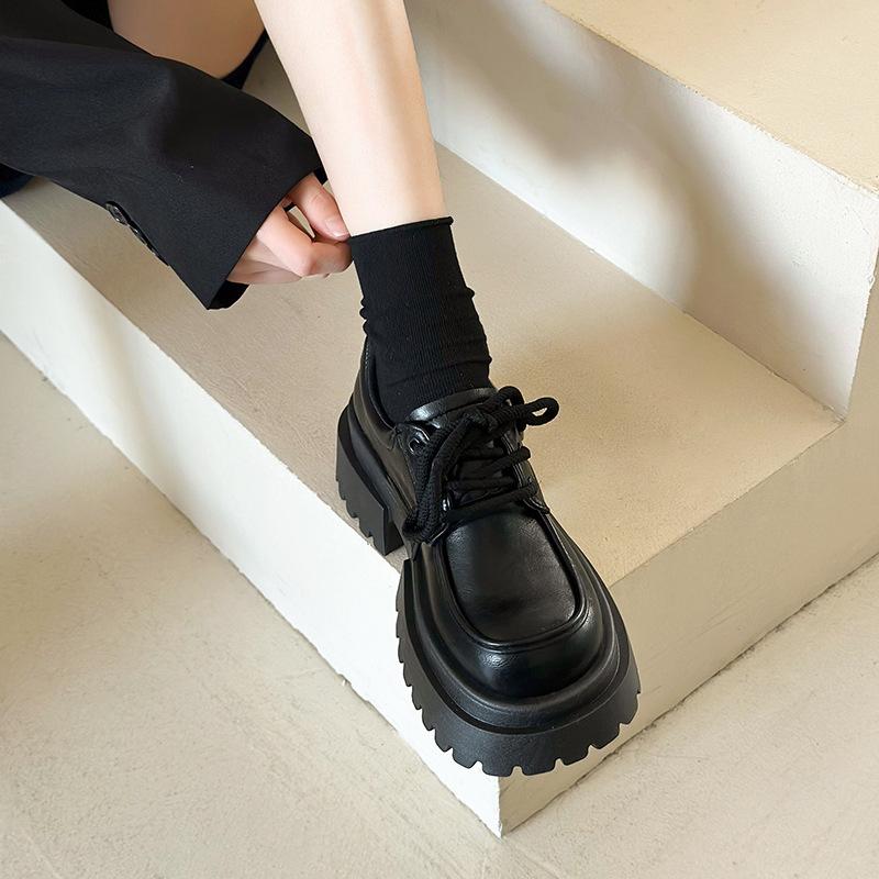 

[Дядя Обувь] Маленькие кожаные туфли на платформе женские ретро коричневые jk увеличивающие рост одинарные туфли осень круглый носок 2025 маффин новые британские 40 чёрный