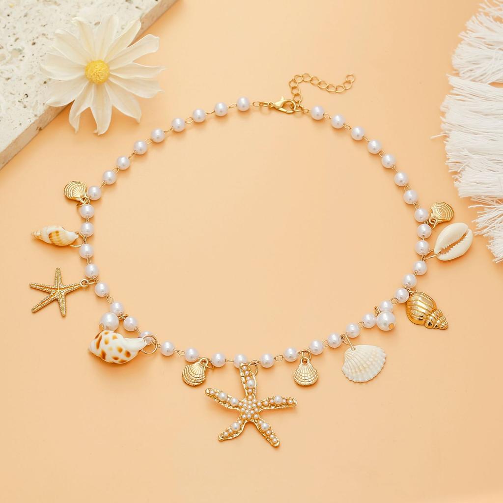 Single-piece beach seashell necklace, faux pearl, starfish, and conch elegant jewelry, suitable for beach vacations and parties.