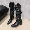 Fashion Designer 2025 New Women High Boots Pleated Fashion Chunky Knee High Motorcycle Boots Winter Sexy Heeled Shoes Woman Botas Mujer