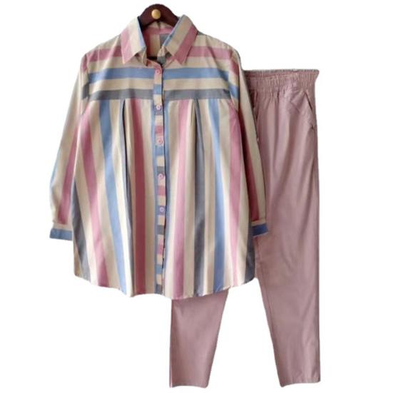 2Pcs/Set Lapel Long Sleeve Single Breasted Mid-rise Pockets Casual Outfit Striped Print Shirt Solid Color Pants Set
