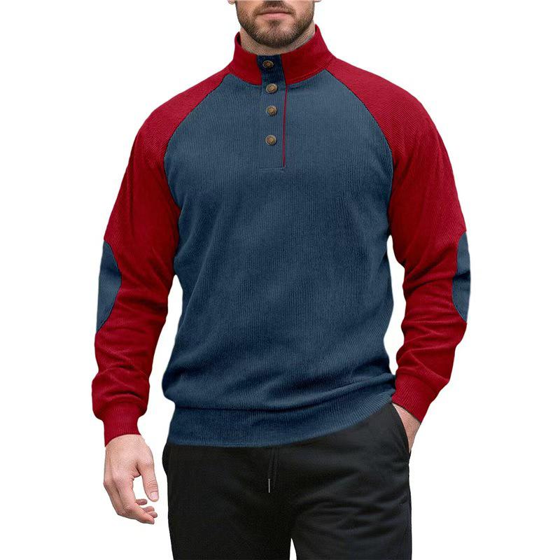 Men's European Size Raglan Long Sleeve Corduroy Patchwork Stand-Up Collar Casual Outdoor Jacket