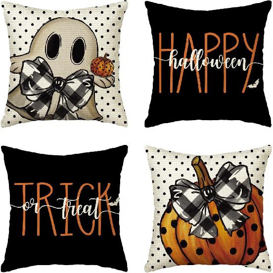 AVOIN colorlife Happy Halloween Cute Ghost Trick or Treat Throw Pillow Covers, 18 x 18 Inch Polka Dot Pumpkin Bat Cushion Case for Sofa Couch Set of