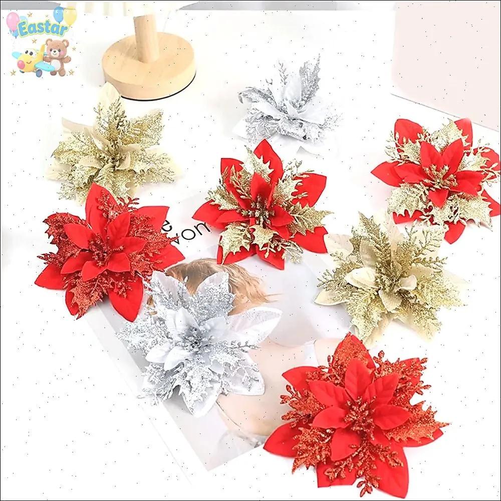 10 Stück Weihnachten Dreistöckige Weihnachtsblume Kunstblume Goldpuder Blume Weihnachtsbaum Feiertagsgeschenk Kranz Dekoration
