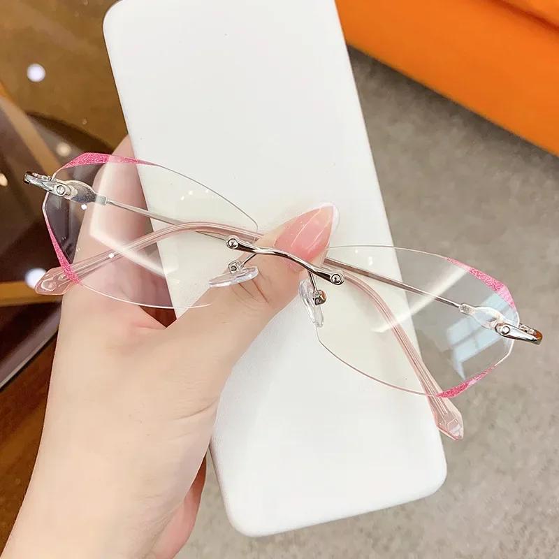Rimless Myopia Glasses Women Ultralight Vintage Prescription Eyeglasses Shiny Diamond Leg Blue Light Blocking