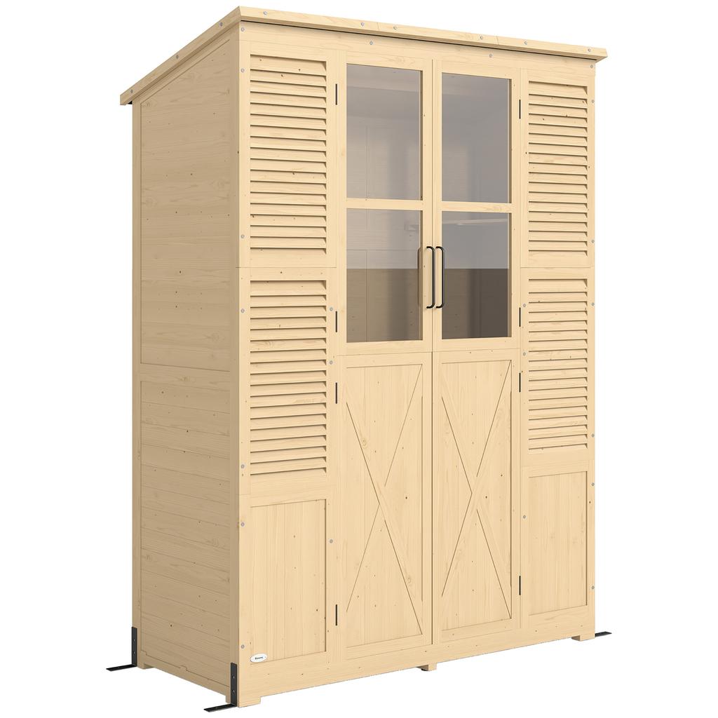 Garden Cabinet Wood Walk-In Tool Shed with Shelf Acrylic Windows Double Door Asphalt Roof Louvered Ventilation Floor Panel