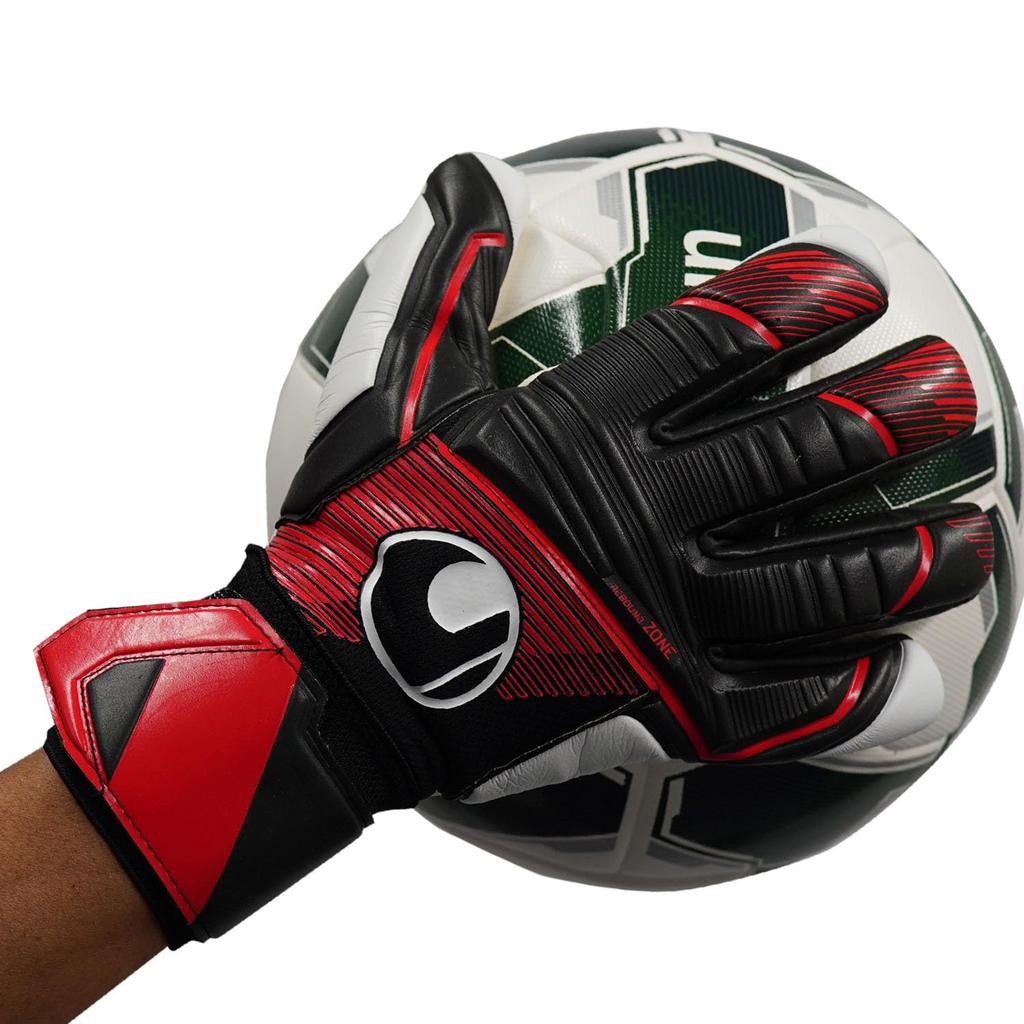 uhlsport Match Soccer GK Keeper Gloves Power Line Super Soft Half Negative 1011308 01 9 Black x Red x White