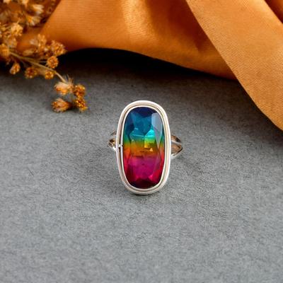 Anel de Prata de Lei 925 com Turmalina Melancia Azul Rosa, Joia de Anel de Turmalina Artesanal