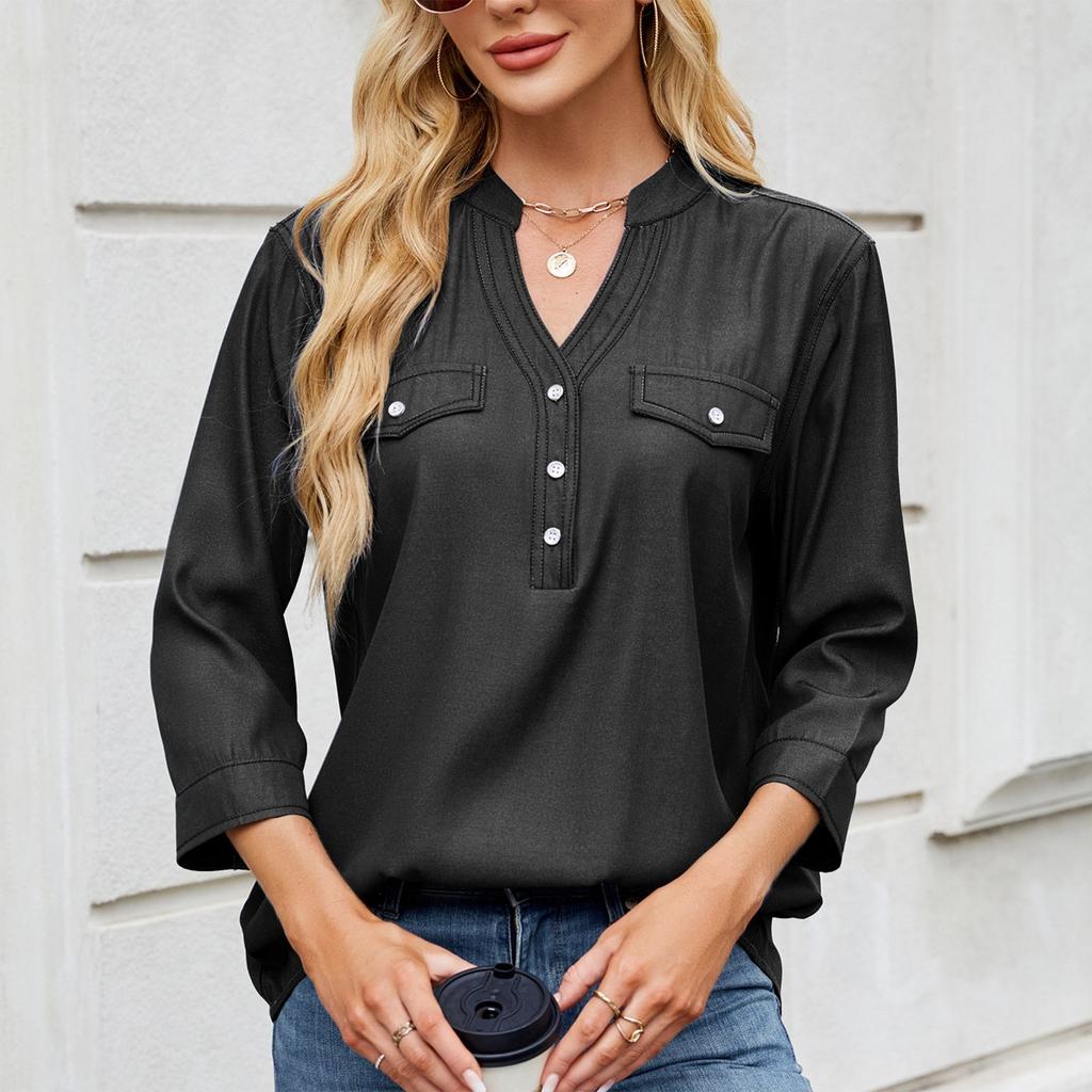 Women's Fashionable Casual Solid Color V-neck Seven Quarter Sleeved Loose Shirt Top