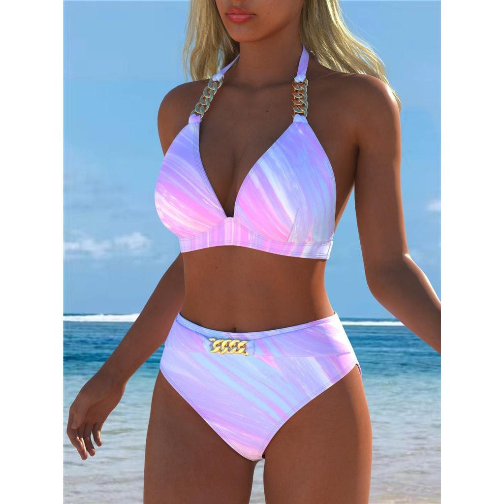 New European and American Tropical Printed Bikini Women's Split Swimsuit Sexy Suspender High Waist Beach Vacation Swimming