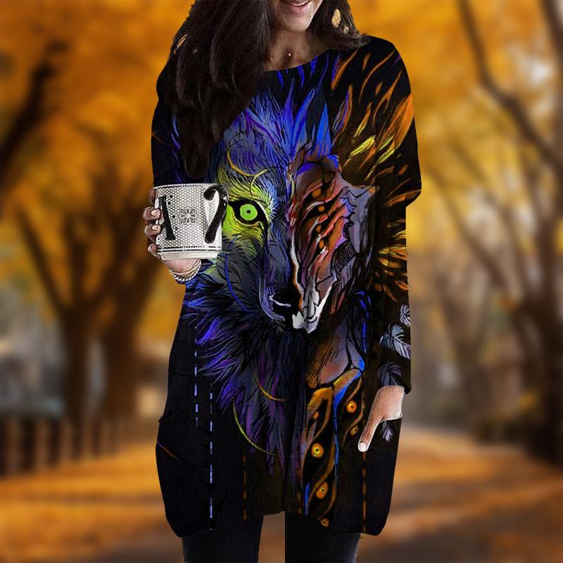 

Новинка осени с принтом черепа лисы и большого размера платье для женщин с круглым вырезом и длинными рукавами повседневные платья с карманами 8XL оранжевый