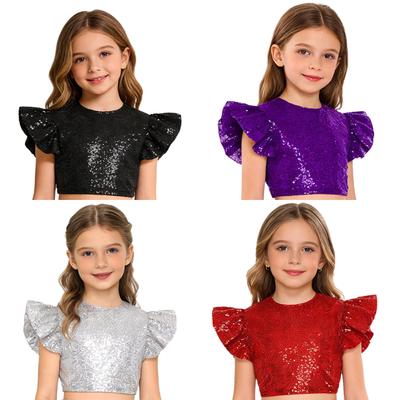 Blusa de Fiesta para Niñas Top Brillante con Lentejuelas Crop Top Cuello Redondo Diseño de Manga Volante Fruncida Forrado Top de Cumpleaños