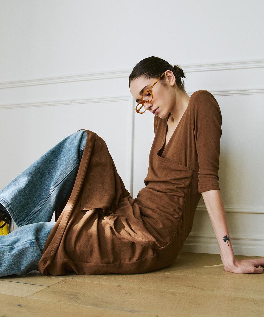 Green Butter Shirring Wrap Dress (Brown)