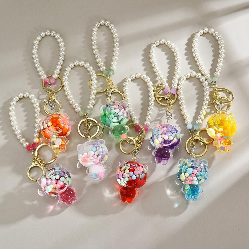 Acrylic Colorful Bead Bear Keyring With Pearl Chain For Children Gift And Celebration