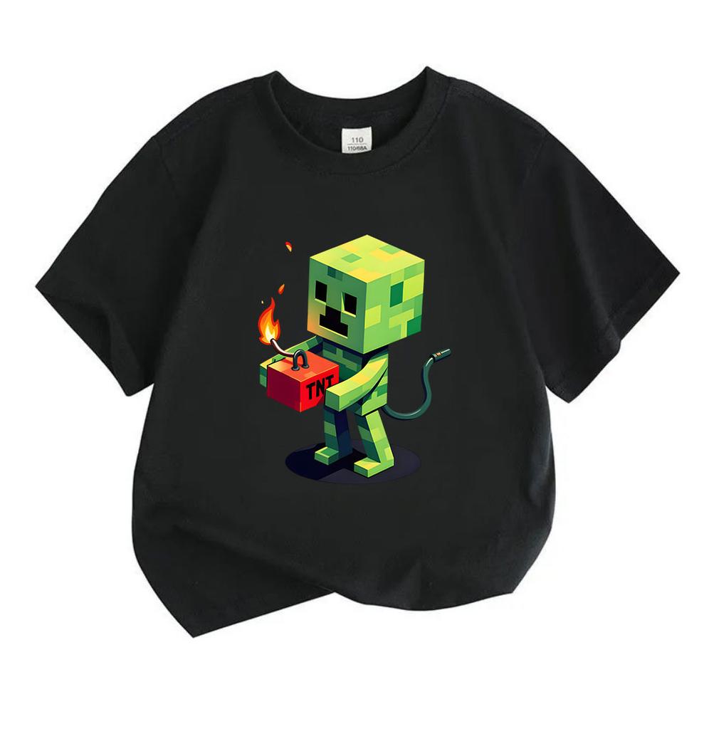 Kids Boys Girls 100% Cotton Crew Neck Short Sleeve T-Shirt, Funny Pixel Green Game Creeper Hold TNT Print Casual Soft Tee Tops for Children Daily Wear